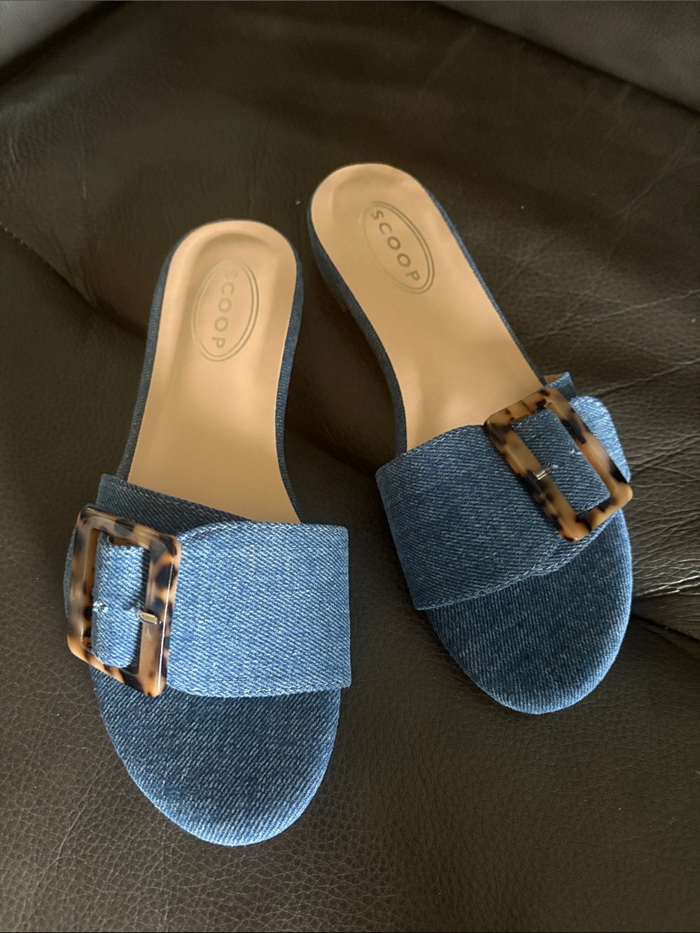 Scoop Denim Slide Mules with Tortoise Buckle - Blue